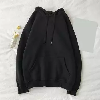 Осень-зима Мужская бейсбольная толстовка с капюшоном Свободный однотонный свитер с большим карманом и завязками на шнурке С капюшоном Эластичные манжеты Средняя длина Повседневная одежда Топ L чёрный