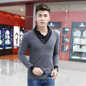 Осень-зима мужская футболка модная мужская толстовка с длинным рукавом для отдыха декольте лоскутные молодежные футболки M чёрный