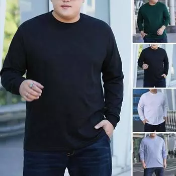 Осень-зима мужская футболка однотонная с длинными рукавами с круглым вырезом уличная одежда больших размеров свободный пуловер с манжетами в рубчик для улицы 3XL чёрный