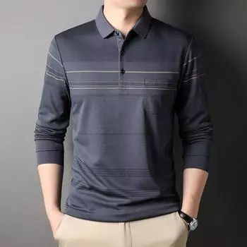 Осень-зима, мужская футболка с длинными рукавами, модная повседневная полосатая рубашка-поло с воротником-поло, мужская одежда для папы, нижняя рубашка, верхняя футболка для мужчин M