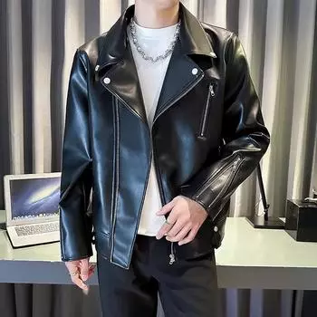 Осень-зима мужская куртка из искусственной кожи с лацканами, верхняя одежда, модная уличная одежда, однотонное мотоциклетное пальто, тонкий термомужской повседневный кардиган XL чёрный