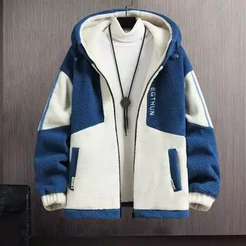 Осень-зима мужская куртка с цветными блоками с капюшоном на молнии кардиган толстый плюшевый декор с буквами теплые карманы с длинными рукавами морозостойкое мужское пальто M бежевый
