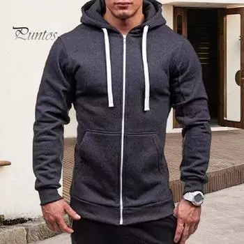 Осень-зима Мужская куртка с капюшоном, застегивающейся на шнурок, с длинными рукавами, однотонный кардиган с эластичными манжетами, карманами, куртка средней длины с капюшоном M светло-серый