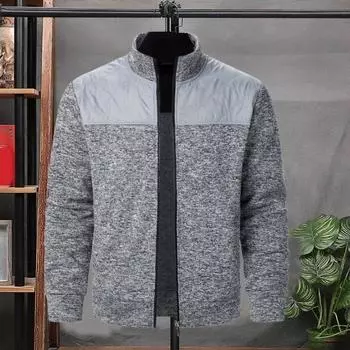 Осень-зима мужская куртка трикотажная пэчворк застежка-молния воротник стойка кардиган длинные рукава средней длины приталенный крой термопальто M черный серый