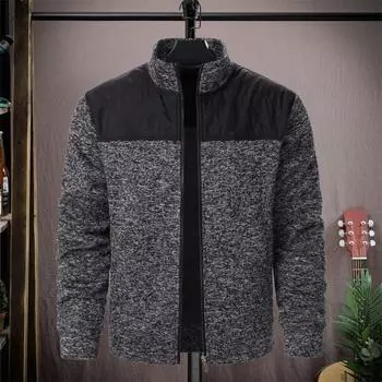 Осень-зима Мужская куртка Вязаная Лоскутная Застежка-молния Стоячий Воротник Кардиган Длинные Рукава M серый