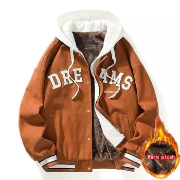 Осень-зима мужская мода искусственные два пальто с капюшоном свободные буквы повседневная теплая парка L коричневый