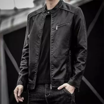 Осень-зима мужская повседневная кожаная одежда мужская мотоциклетная куртка корейского стиля облегающая модная молодежная куртка из искусственной кожи тонкий бархат M