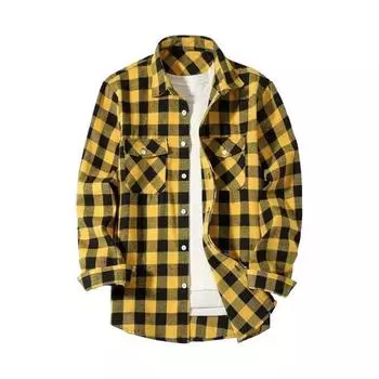 Осень-зима Мужская рубашка Пальто Клетчатый принт Длинные рукава Нагрудный карман Отложной воротник Однобортный M жёлтый