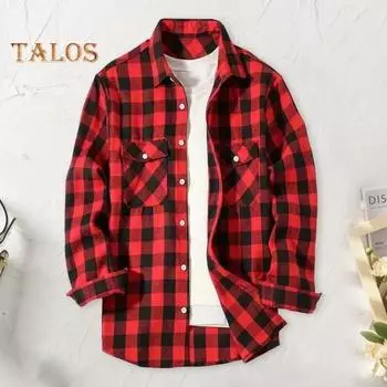 Осень-зима Мужская рубашка Пальто Клетчатый принт Длинные рукава Нагрудный карман Отложной воротник Однобортный свободный пиджак контрастного цвета L синий