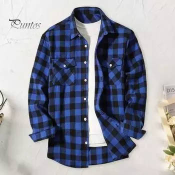 Осень-зима Мужская рубашка Пальто Клетчатый принт Длинные рукава Нагрудный карман Отложной воротник Однобортный свободный пиджак контрастного цвета M жёлтый