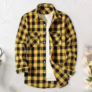 Осень-зима Мужская рубашка Пальто Клетчатый принт Длинные рукава Нагрудный карман Отложной воротник Однобортный свободный пиджак контрастного цвета M жёлтый