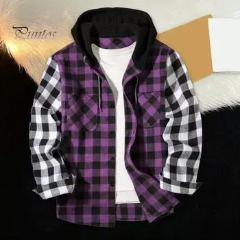 Осень-зима Мужская рубашка Пальто Клетчатый принт Длинные рукава Нагрудный карман Регулируемый шнурок Капюшон Однобортный пэчворк Свободный контрастный цвет куртка XXL фиолетовый