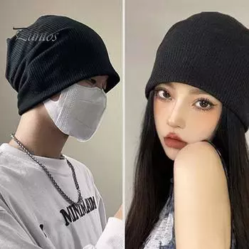 Осень-зима мужская шапка с начесом, мешковатая, однотонная, трикотажная, эластичная, сохраняет тепло, эластичная, термоизоляция, повседневная одежда для улицы, шапка-бини, противоскользящая чёрный