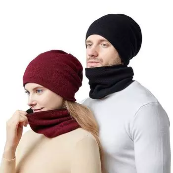 Осень-зима мужская шапка шарф двухсекционная бархатная толстая уличная теплая защита ушей ветрозащитная вязаная шапка чёрный