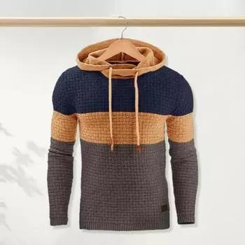 Осень-зима мужская толстовка с цветными блоками с капюшоном на шнурке с длинными рукавами эластичная мягкая толстая M чёрный