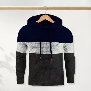 Осень-зима мужская толстовка с цветными блоками с капюшоном на шнурке с длинными рукавами эластичный мягкий толстый теплый спортивный топ средней длины M чёрный