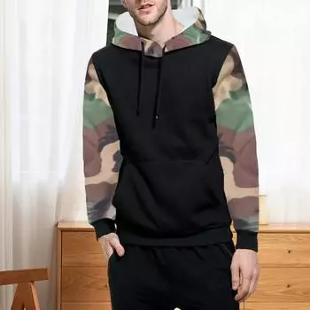 Осень-зима мужская толстовка с камуфляжным принтом с капюшоном на шнурке с длинными рукавами эластичная манжета накладной карман подходящего цвета мягкая толстая теплая толстовка средней длины XL хаки