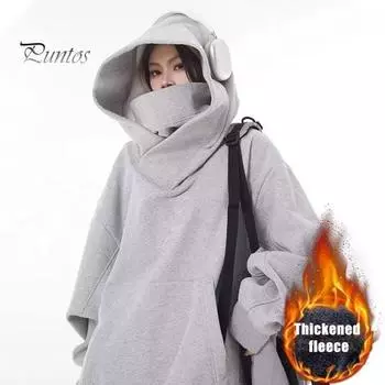 Осень-зима Мужская толстовка с капюшоном большого размера с длинными рукавами, однотонная, в стиле хип-хоп, с высоким воротником, большим накладным карманом, эластичными манжетами, средней длины, теплая верхняя часть M чёрный