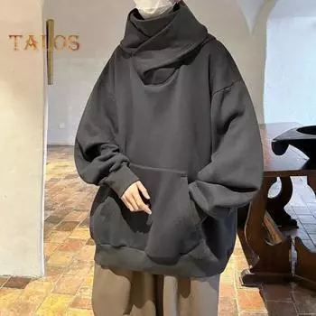 Осень-зима Мужская толстовка с капюшоном большого размера с длинными рукавами, однотонная, в стиле хип-хоп, с высоким воротником, большим накладным карманом, эластичными манжетами, средней длины, теплая верхняя часть M светло-серый