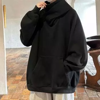 Осень-зима Мужская толстовка с капюшоном большого размера с длинными рукавами, однотонная, в стиле хип-хоп, с высоким воротником, большим накладным карманом, эластичными манжетами, средней длины, теплая верхняя часть M чёрный