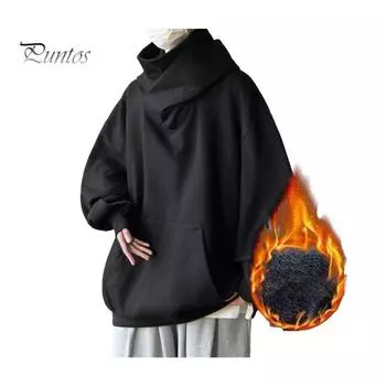 Осень-зима Мужская толстовка с капюшоном большого размера с длинными рукавами, однотонная, в стиле хип-хоп, с высоким воротником, большим накладным карманом, эластичными манжетами, средней длины, теплая верхняя часть M чёрный