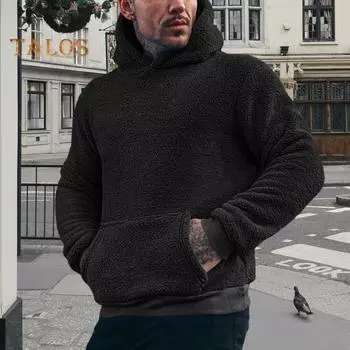 Осень-зима Мужская толстовка с капюшоном и карманом, с длинными рукавами, однотонный флисовый пуловер, толстый, сохраняющий тепло, мужская повседневная одежда, повседневный топ M чёрный
