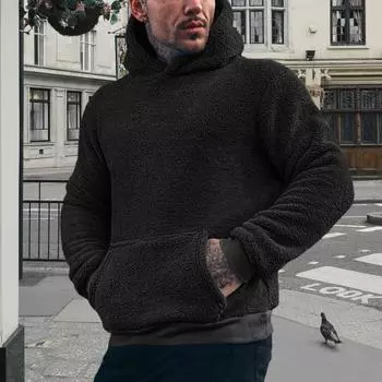 Осень-зима Мужская толстовка с капюшоном и карманом Длинные рукава Однотонный цвет M хаки