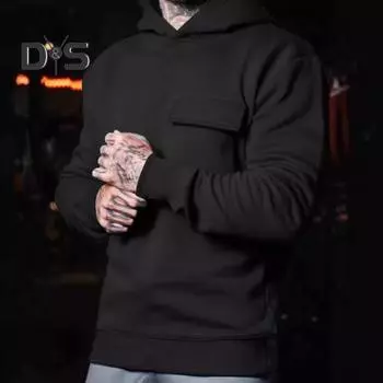 Осень-зима Мужская толстовка с капюшоном, карманом-клапаном, свободными эластичными манжетами, большой размер, теплый пуловер средней длины, однотонный топ для занятий спортом, повседневная одежда M