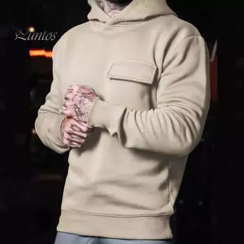 Осень-зима Мужская толстовка с капюшоном, карманом-клапаном, свободными эластичными манжетами, большой размер, теплый пуловер средней длины, однотонный топ для занятий спортом, повседневная одежда M