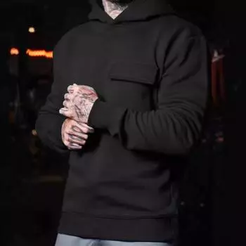 Осень-зима Мужская толстовка с капюшоном, карманом-клапаном, свободными эластичными манжетами, большой размер, теплый пуловер средней длины, однотонный топ для занятий спортом, повседневная одежда M