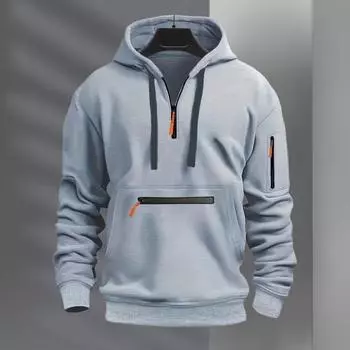 Осень-зима Мужская толстовка с капюшоном на молнии с декором из капюшона, с длинными рукавами, свободная, однотонная, с несколькими карманами, эластичными манжетами на шнурке, пуловер M темно-синий