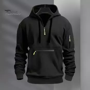 Осень-зима Мужская толстовка с капюшоном на молнии с декором из капюшона, с длинными рукавами, свободная, однотонная, с несколькими карманами, эластичными манжетами на шнурке, пуловер M хаки