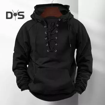 Осень-зима Мужская толстовка с капюшоном на шнуровке со свободными эластичными манжетами Ретро Теплый пуловер Средней длины с накладными карманами в стиле хип-хоп Однотонная толстовка с капюшоном M чёрный