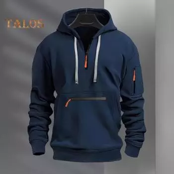 Осень-зима Мужская толстовка с капюшоном на молнии с декором из капюшона, с длинными рукавами, свободная, однотонная, с несколькими карманами, эластичными манжетами на шнурке, пуловер M хаки