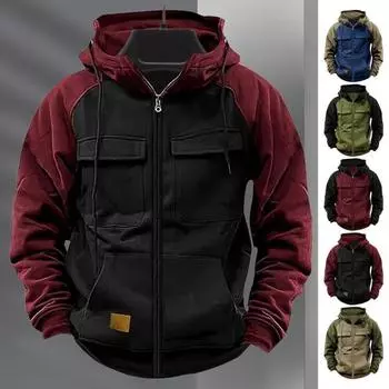 Осень-зима Мужская толстовка с капюшоном на молнии с эластичными манжетами в стиле ретро с несколькими карманами Карго, теплый кардиган, пальто средней длины в стиле хип-хоп, контрастный цветной топ M королевский синий