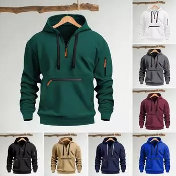 Осень-зима Мужская толстовка с капюшоном на молнии с декором, свободная эластичная манжета, шнурок, теплый пуловер средней длины, однотонный топ в стиле хип-хоп для занятий спортом, повседневной носки S