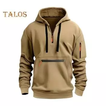 Осень-зима Мужская толстовка с капюшоном на молнии с декором из капюшона, с длинными рукавами, свободная, однотонная, с несколькими карманами, эластичными манжетами на шнурке, пуловер M чёрный