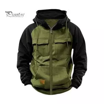 Осень-зима Мужская толстовка с капюшоном на молнии с эластичными манжетами в стиле ретро с несколькими карманами Карго, теплый кардиган, пальто средней длины в стиле хип-хоп, контрастный цветной топ M чёрный