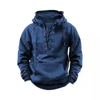 Осень-зима Мужская толстовка с капюшоном на шнуровке со свободными эластичными манжетами Ретро Теплый пуловер Средней длины с накладными карманами в стиле хип-хоп Однотонная толстовка с капюшоном M серый