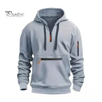 Осень-зима Мужская толстовка с капюшоном на молнии с декором из капюшона, с длинными рукавами, свободная, однотонная, с несколькими карманами, эластичными манжетами на шнурке, пуловер M чёрный