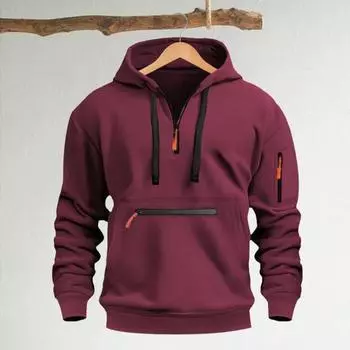 Осень-зима Мужская толстовка с капюшоном на молнии с декором, свободная эластичная манжета, шнурок, теплый пуловер средней длины, однотонный топ в стиле хип-хоп для занятий спортом, повседневной носки S