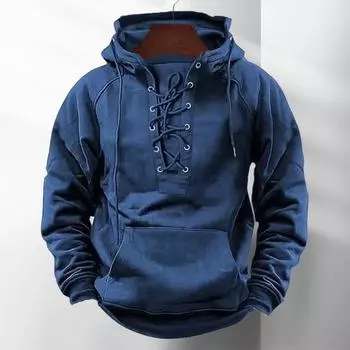 Осень-зима Мужская толстовка с капюшоном на шнуровке с ремешком и эластичными манжетами в стиле ретро, теплая M королевский синий