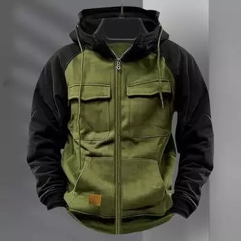 Осень-зима Мужская толстовка с капюшоном на молнии с эластичными манжетами в стиле ретро с несколькими карманами M армия зеленый