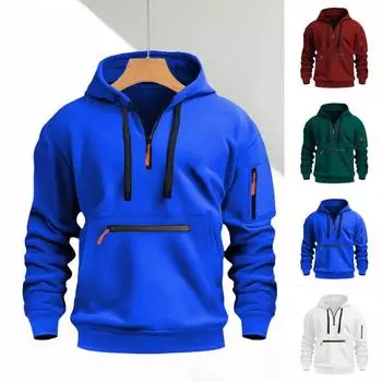 Осень-зима Мужская толстовка с капюшоном на молнии с декором, свободная эластичная манжета, шнурок, теплый пуловер средней длины, однотонный топ в стиле хип-хоп для занятий спортом, повседневной носки S зелёный