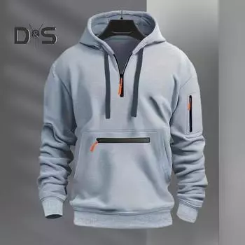 Осень-зима Мужская толстовка с капюшоном на молнии с декором из капюшона, с длинными рукавами, свободная, однотонная, с несколькими карманами, эластичными манжетами на шнурке, пуловер M серый