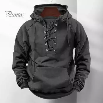 Осень-зима Мужская толстовка с капюшоном на шнуровке со свободными эластичными манжетами Ретро Теплый пуловер Средней длины с накладными карманами в стиле хип-хоп Однотонная толстовка с капюшоном L королевский синий