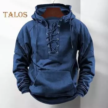 Осень-зима Мужская толстовка с капюшоном на шнуровке со свободными эластичными манжетами Ретро Теплый пуловер Средней длины с накладными карманами в стиле хип-хоп Однотонная толстовка с капюшоном M серый