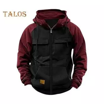 Осень-зима Мужская толстовка с капюшоном на молнии с эластичными манжетами в стиле ретро с несколькими карманами Карго, теплый кардиган, пальто средней длины в стиле хип-хоп, контрастный цветной топ M армия зеленый