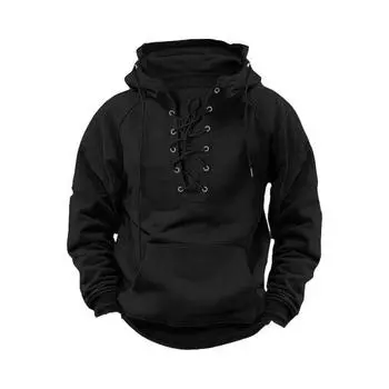 Осень-зима Мужская толстовка с капюшоном на шнуровке с ремешком и эластичными манжетами в стиле ретро, теплая M чёрный