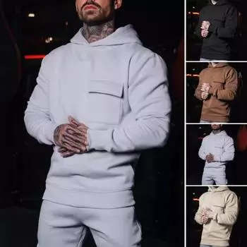 Осень-зима Мужская толстовка с капюшоном с карманом-клапаном Свободная эластичная манжета Большого размера Теплая M чёрный